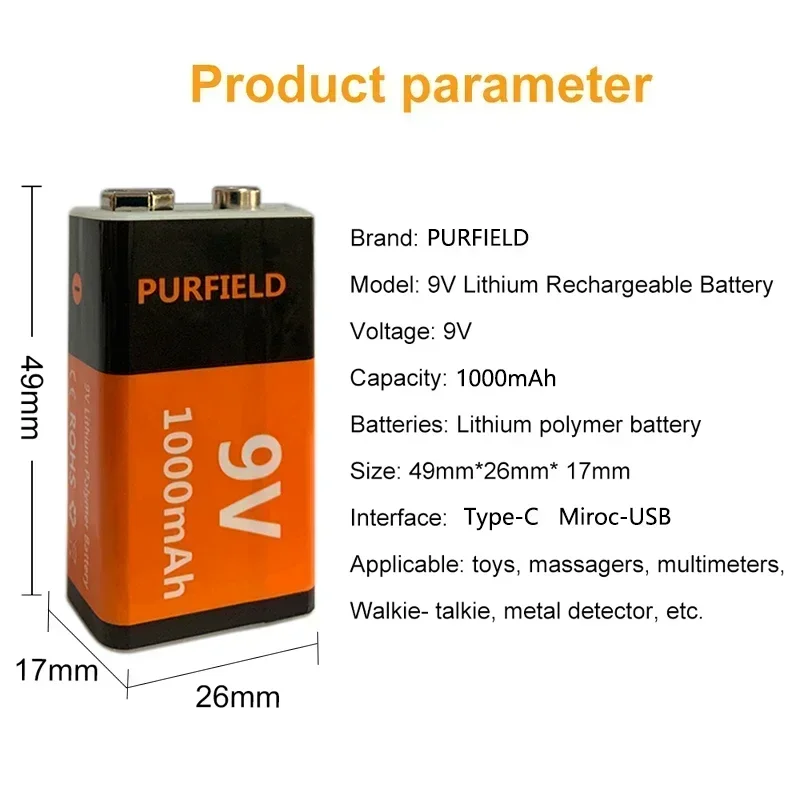 Purfield-充電式リチウム電池9ボルト,1000mAh,USB Type-c,6f22,9 v