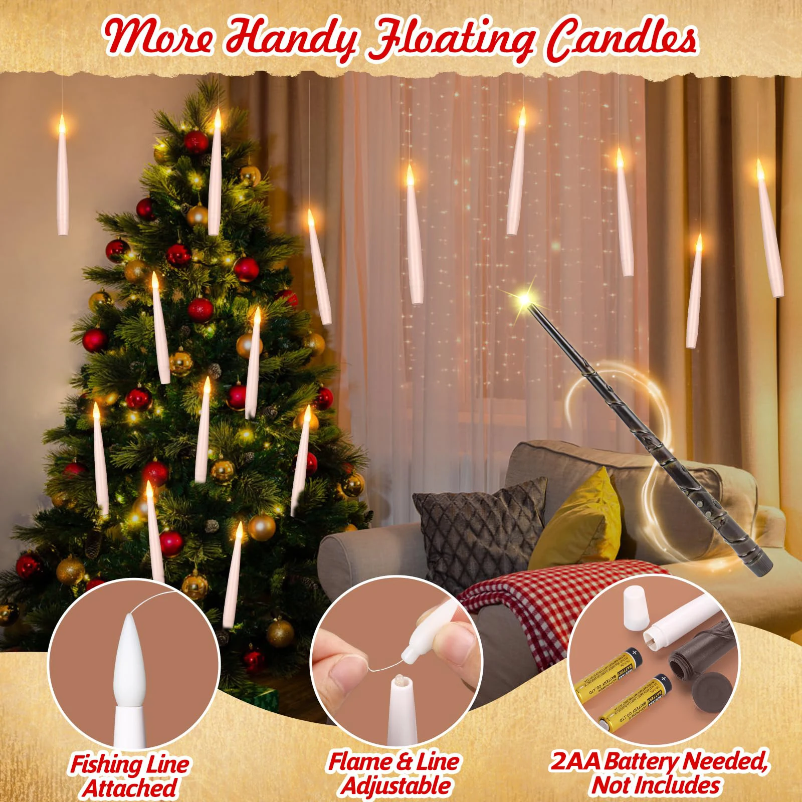 10-200Pcs Floating Candles with Wand Christmas Decorations Magic Hanging Candles Flameless Floating Candle LED Battery Operated