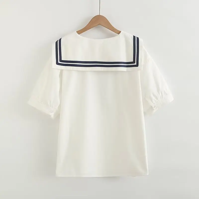 New Spring Cotton Loose Shirt Women Naval Collar Short Sleeve Top Girl Fashion Retro OL Commute Blouses 2024 Summer T45448QC