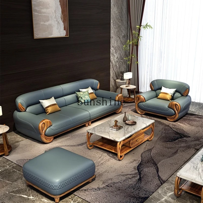 

Ebony leather sofa living room new Chinese villa modern light luxury high-end sofa combination