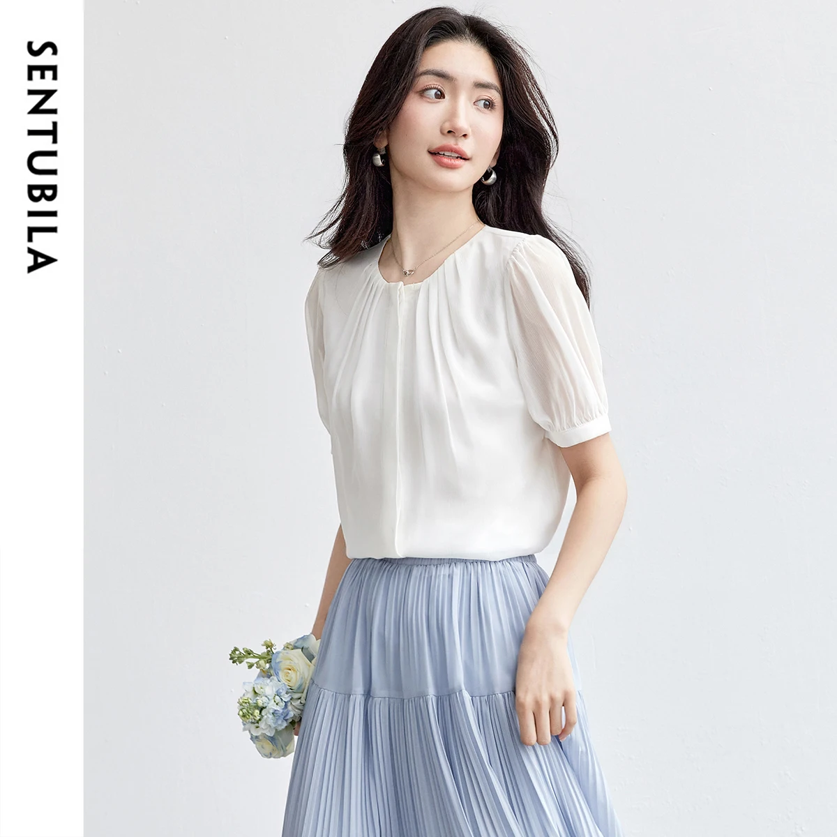 SENTUBILA Chiffon Shirt Summer Pinch Pleated Round Neck Blouse Women 2025 New Collection White Top Women's Clothing Q52VA1868