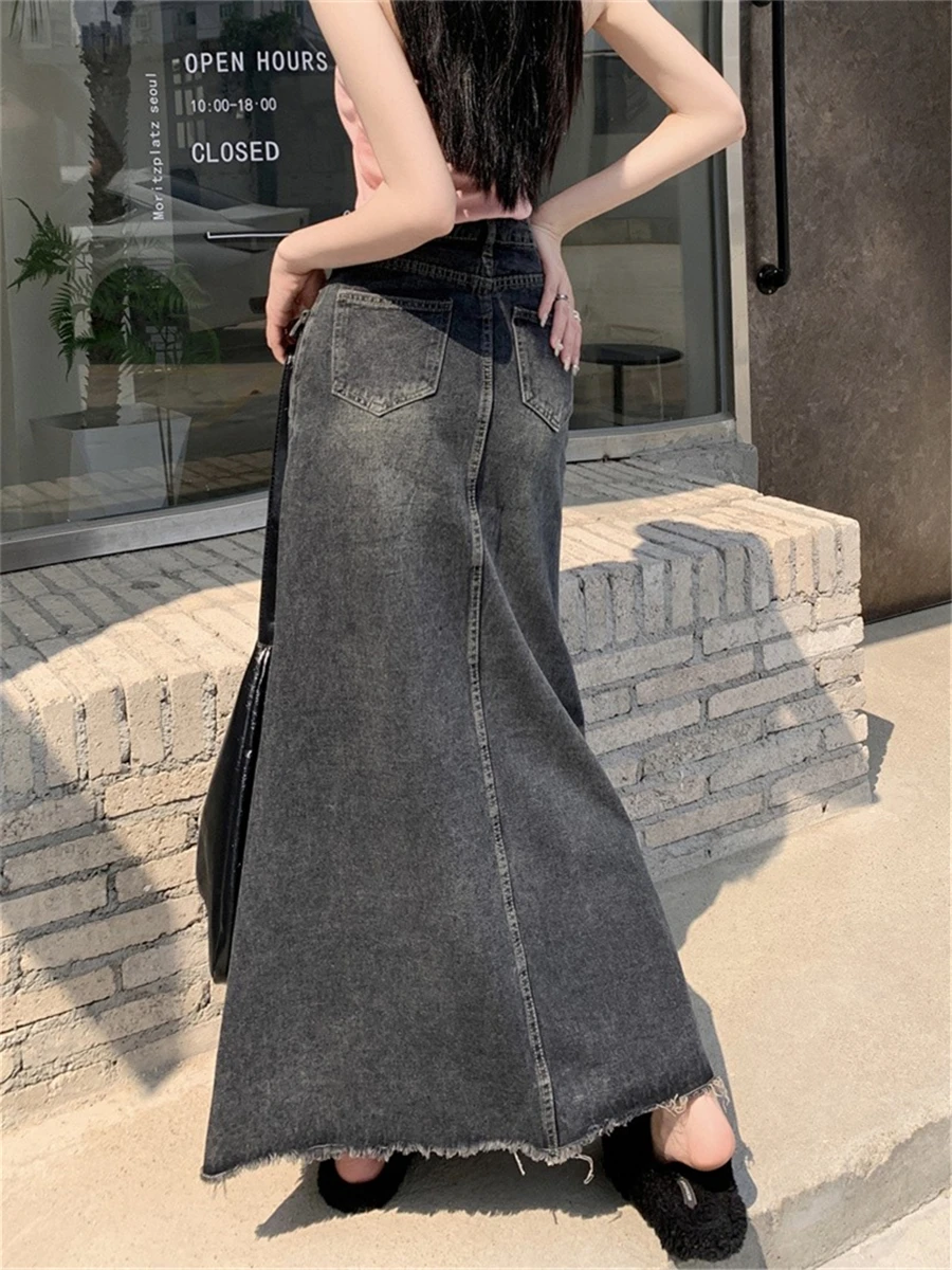 Jupe en jean boutonnée taille haute pour femmes printemps été nouveau Sle grande taille jupe parapluie longue trapèze tendance coton polyester...