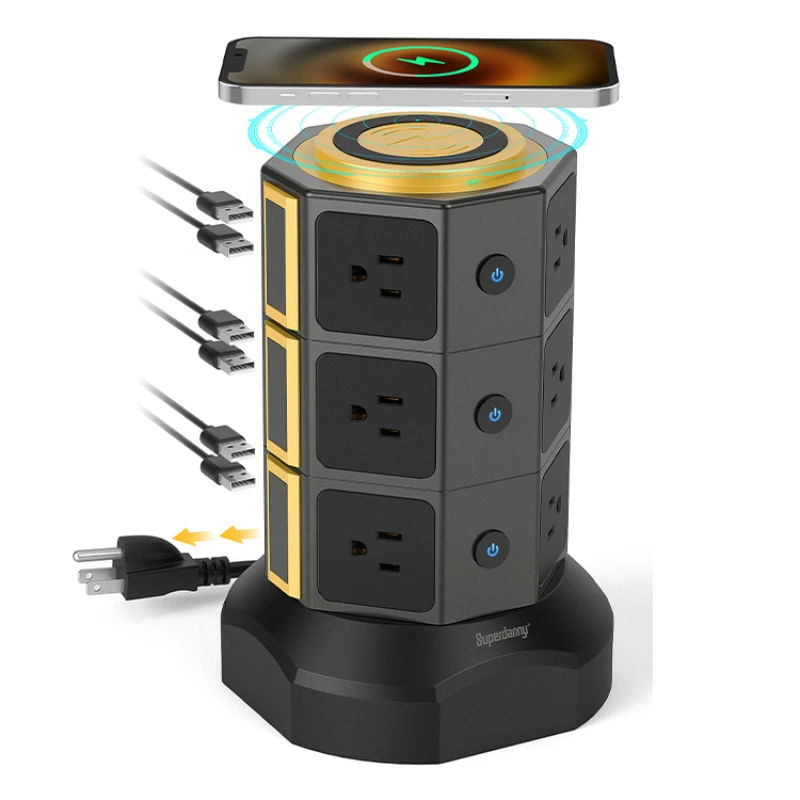 Multiple Power Strip 12 Outlet 6 USB Port Vertical Charging Tower Socket, Dorm Room Power Essentials