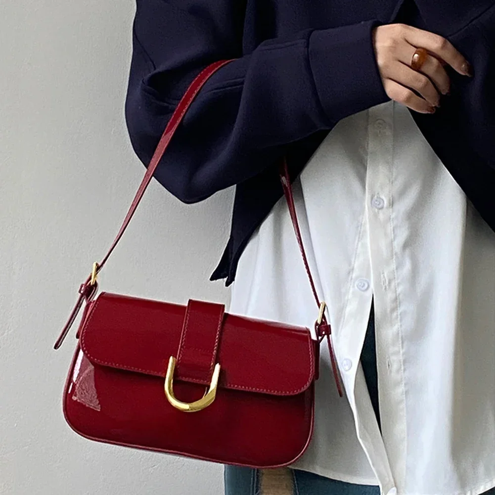 Luxury For Women  Flap Crossbody Bag Solid Color Underarm Red Crossbody Bag Retro Patent Leather Shoulder Bag Lady Handbag