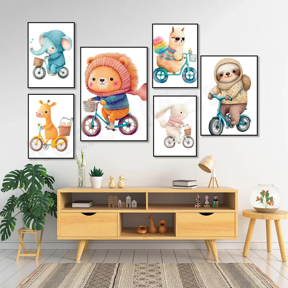 Cute Chipmunk, Sloth, Llama, Giraffe, Monkey, Rabbit, Lion, Elephant Biking Prints, Baby Watercolor Animal Art - Nursery Poster