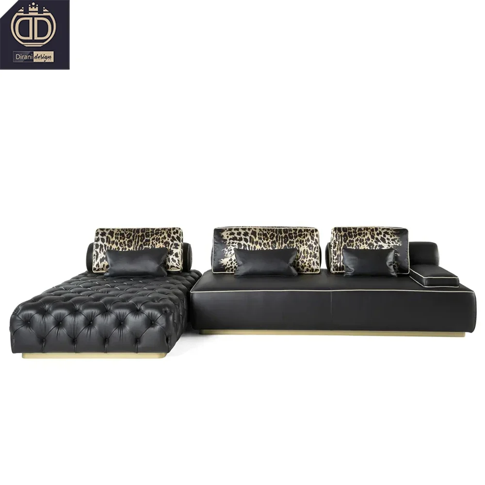 High End Luxury Elegant L Shape Sofa Living Rooms Stylish Black Leather Chesterfield Design Sofa