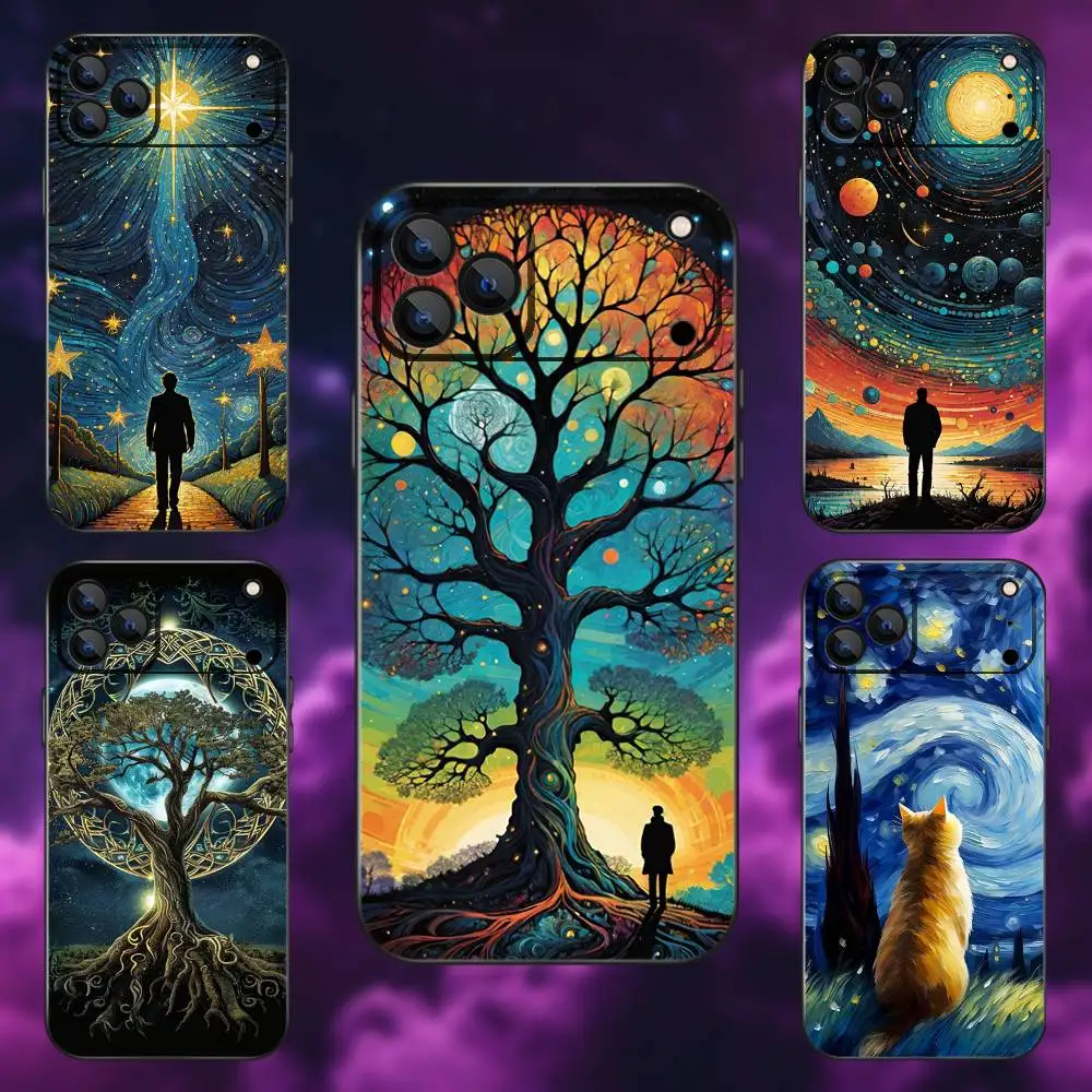 

Starry Sky Art Trees Phone Case For iPhone 17,16,15,14,13,12,11,Pro Max,XSX,,XR,SE,Mini,8,7,Soft Silicone Black Cover