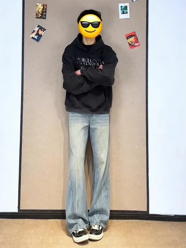 

Мужские джинсы с американским ретро-принтом в виде молнии, на флисовой подкладке, прямые брюки с микро-клешем в стиле High Street, повседневная одежда