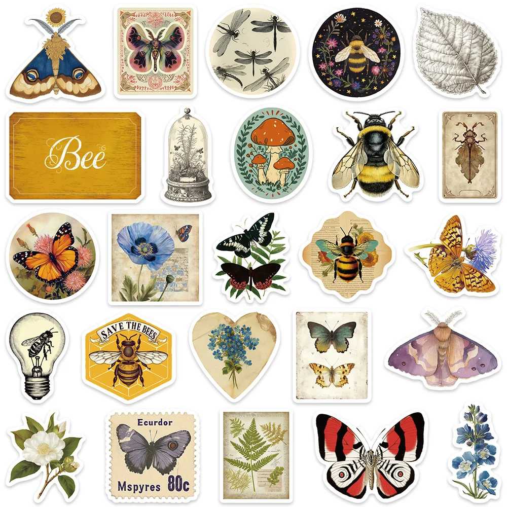 50pcs Aesthetic Retro Insectology Stickers Butterfly Bee Water Bottle Sticker Luggage Laptop Guitar Phone Waterproof Decals