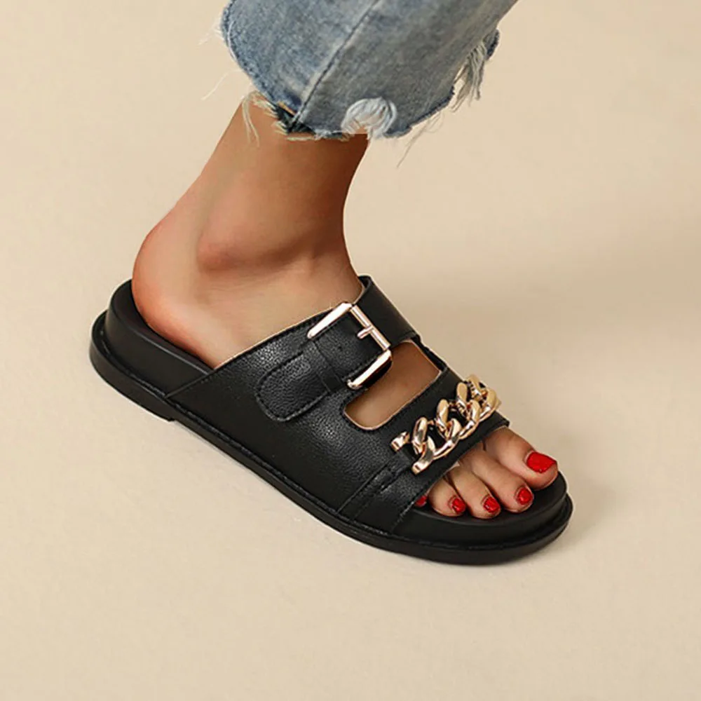 Beach Sandals Women 2024 Summer New Mental Chain Ladies Flat Casual Sandals 35-43 Large-Sized Female Buckle Comfy Slippers