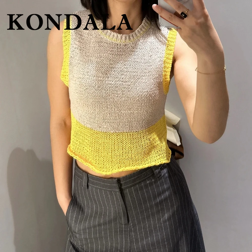 KONDALA Chic Patchwork Yellow Woman Summer Sleeveless Knit Vests Fashion 2025 Summer Holiday Beach Casual Mujer Orange T-shirts