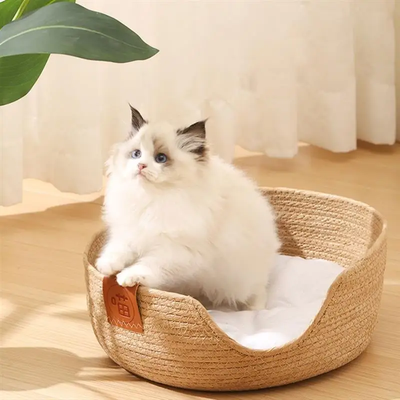 Rattan Woven Pet Cat Bed With Cushion Soft Warm Comfortable Sleeping Basket For Cats Four Seasons Puppy Kitten Bed NEW 2024