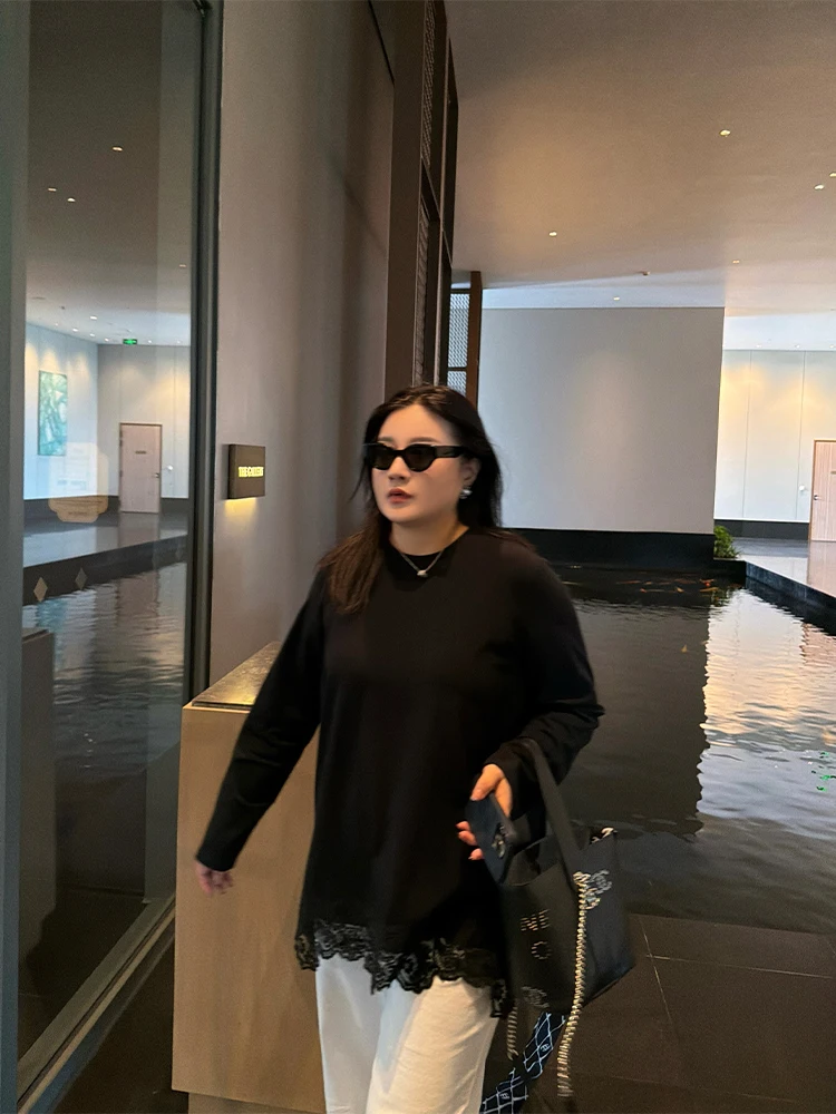 

Heavy Embellied Long Sve T-irt Lace Patchwork Break the Monotony Retro Women's plus Size Casual round Ne Tee