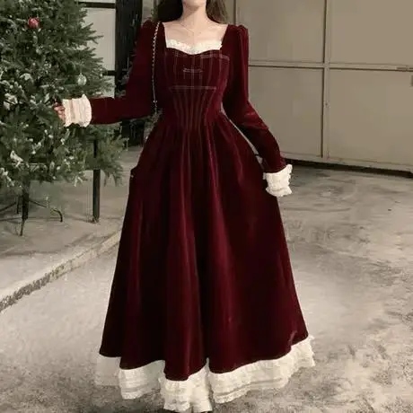 Plump Girls French Royal Style Square Collar Velvet Dress Women's Autumn and Winter plus Size Long New Year Annual Meeting