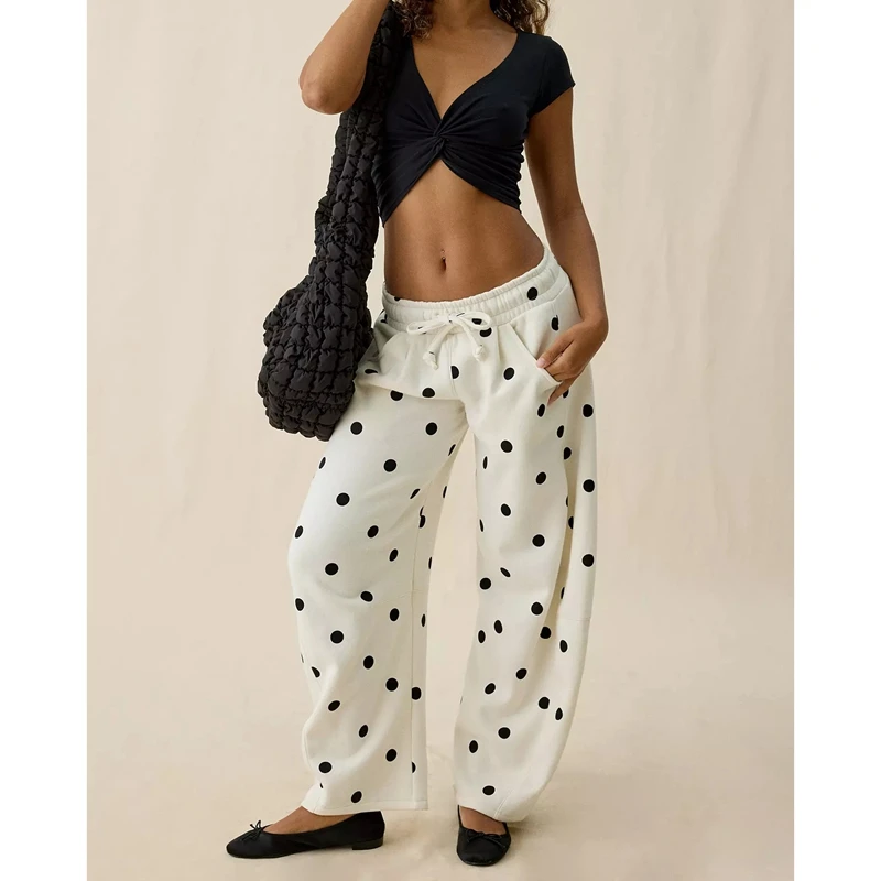 Women's Barrel Leg Sweatpants Drawstring Elastic Low Waist Loose Fit Long Pants Y2k Solid/Polka Dots Trousers with Pockets