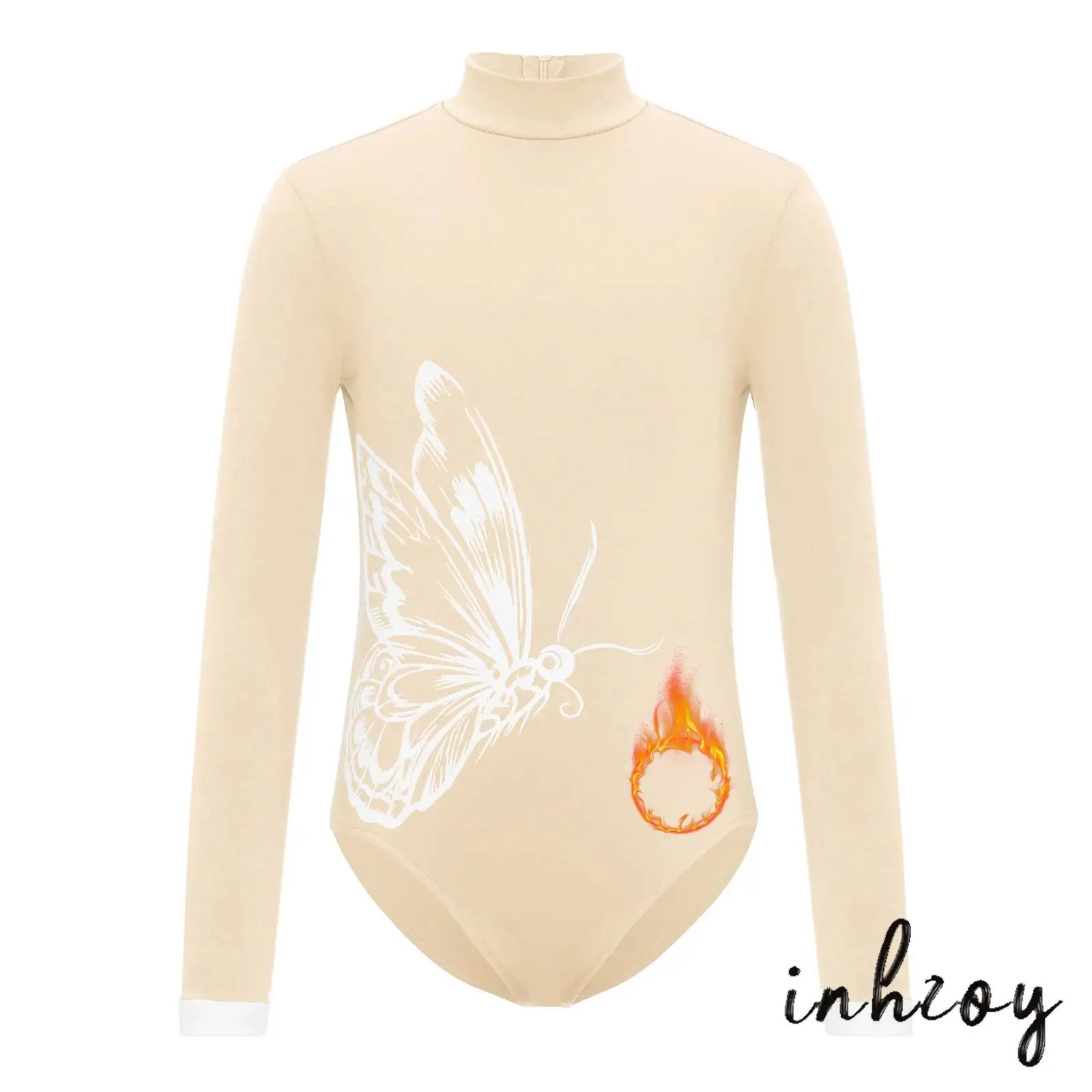 

Kids Girls Fleece Lined Gymnastics Leotard Long Sleeve Butterfly Pattern Back Invisible Zipper Lyrical Ballet Dance Bodysuit