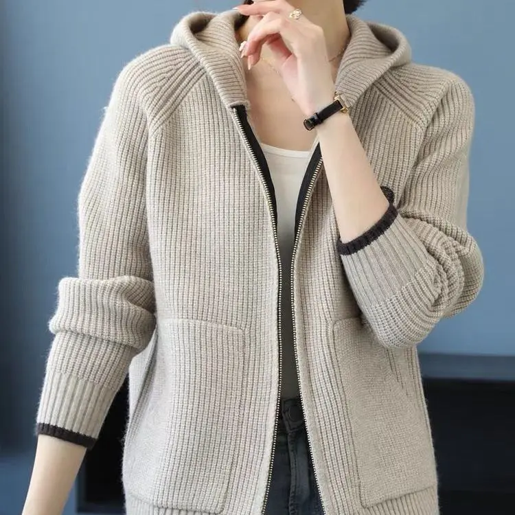 Hooded Jacket with Zipper Cardigan Sweater Embroidered Women's Top Fashionable Hoodie Knitted Sweater