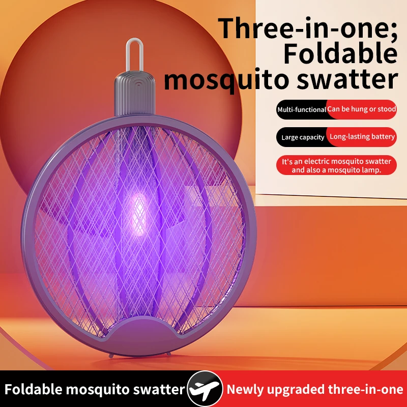 3 em 1 dobrável USB recarregável 3000V Mosquito Fly Swatter UV Armadilha LED Interruptor duplo Grade segura 0 °   Bastão de parede Bug Zapper