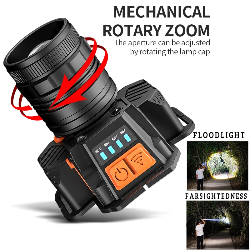 Inducción Super brillante linterna frontal T8 linternas de defensa personal para acampar linternas de pesca incorporado 18650 batería zoomable táctica linterna frontal recargable Led