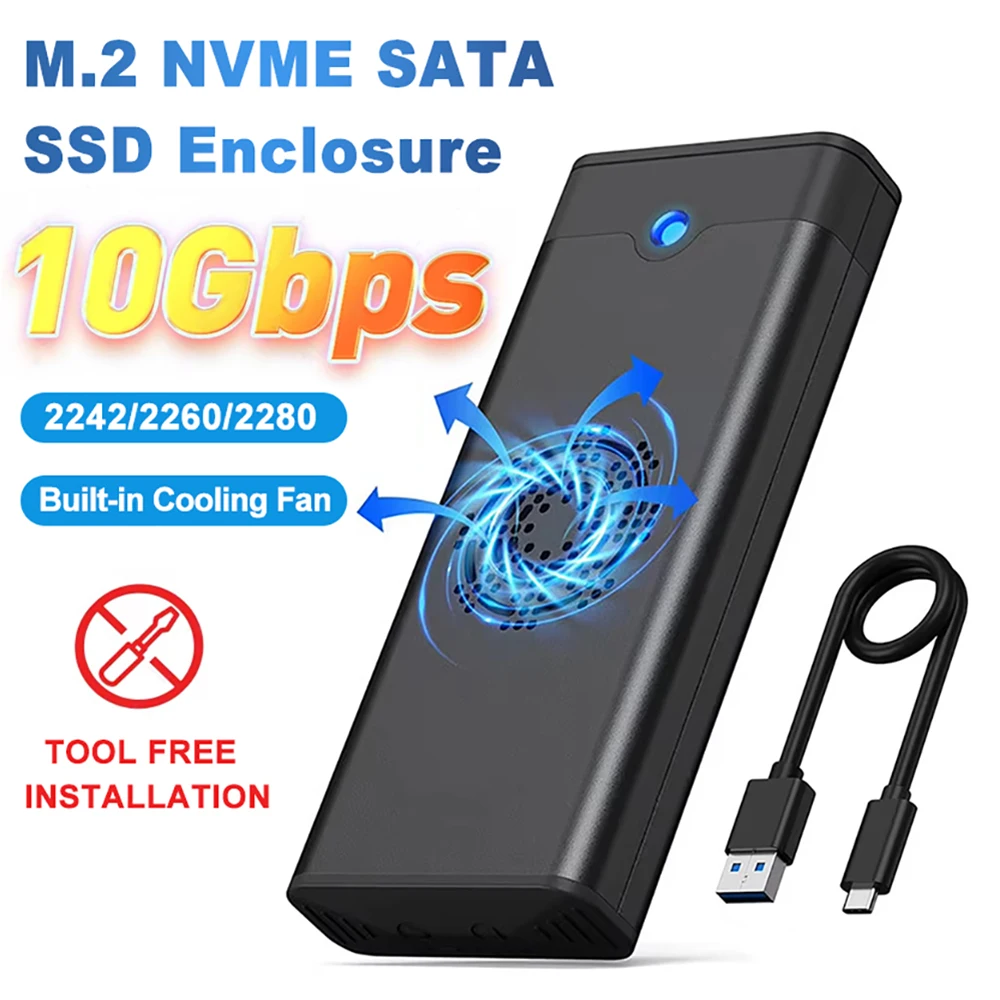 M.2 NVME PCI e SSD-behuizing met ingebouwde koelventilator USB 3.1 Gen 2 10 Gbps M2 NVME SATA SSD-behuizing Ondersteuning M2 2242 2260 2280 SSD