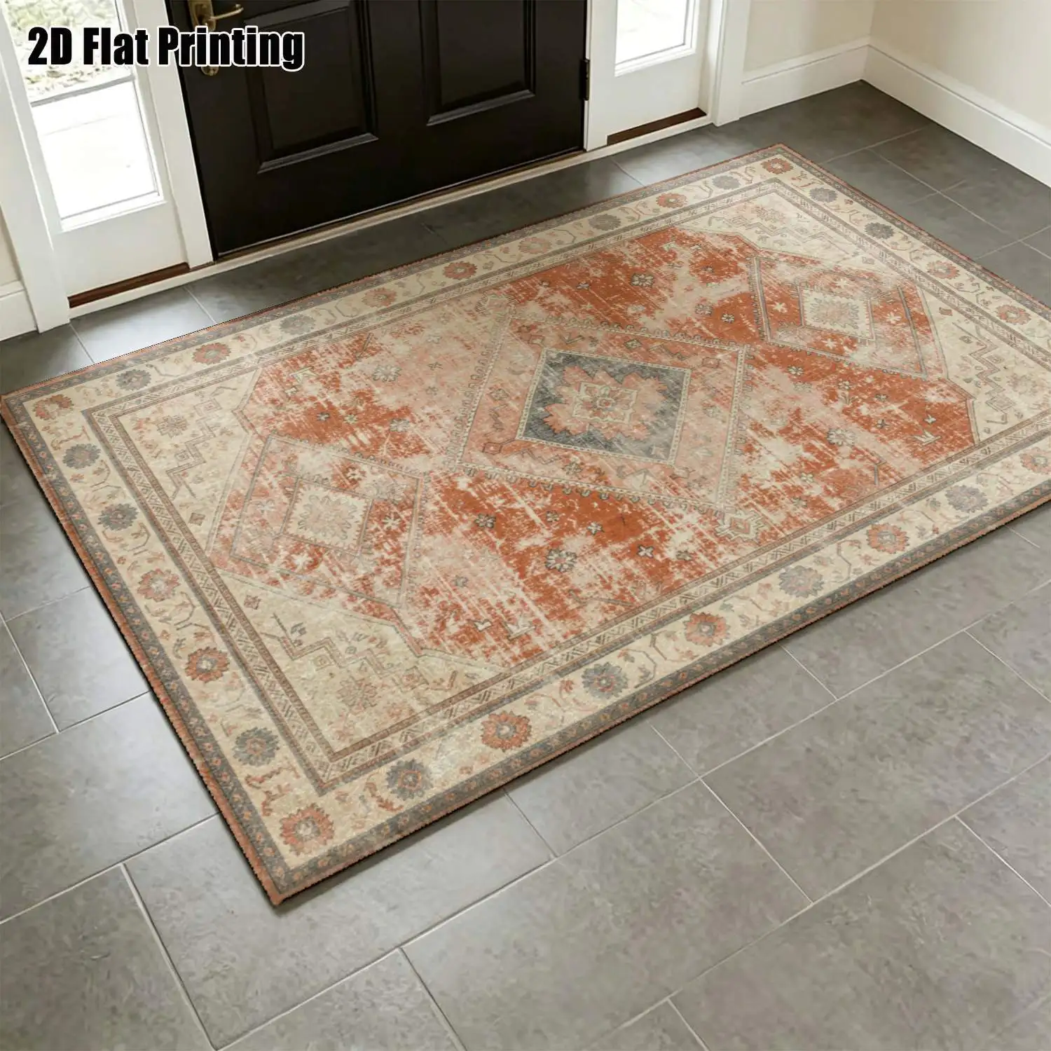 1Pc 2D Printed Retro Orange Pink Geometric Carpet: European, Bohemian Style, Home Decor, Multi-Size, Machine Washable, for Entrance, Dining, Foyer, Living Room, Bedroom