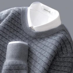 Autumn Winter New Cashmere Sweater Men's Round Neck Color Matching Loose Jacquard Pullover Sweater Wool Knitted Bottoming Shirt