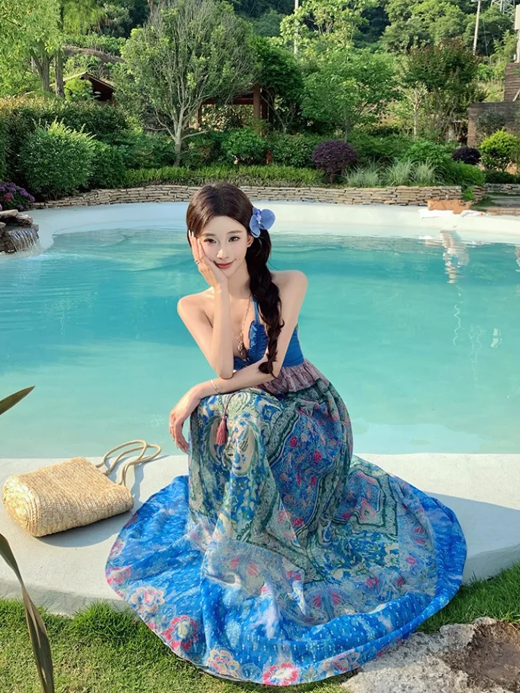 กระโปรงทรงเอเอวสูงลายดอกไม้สไตล์วินเทจ ผ้าพิมพ์ลาย เหมาะสำหรับการเดินทาง มีสายคล้องไหล่