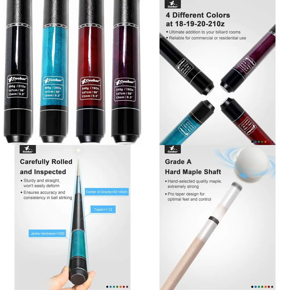 

Adults 58 2-Piece Pool Cues Set, 4 Premium Sticks with Weights 18oz, 19oz, 20oz, 21oz, Ideal for Home Bar Billiards