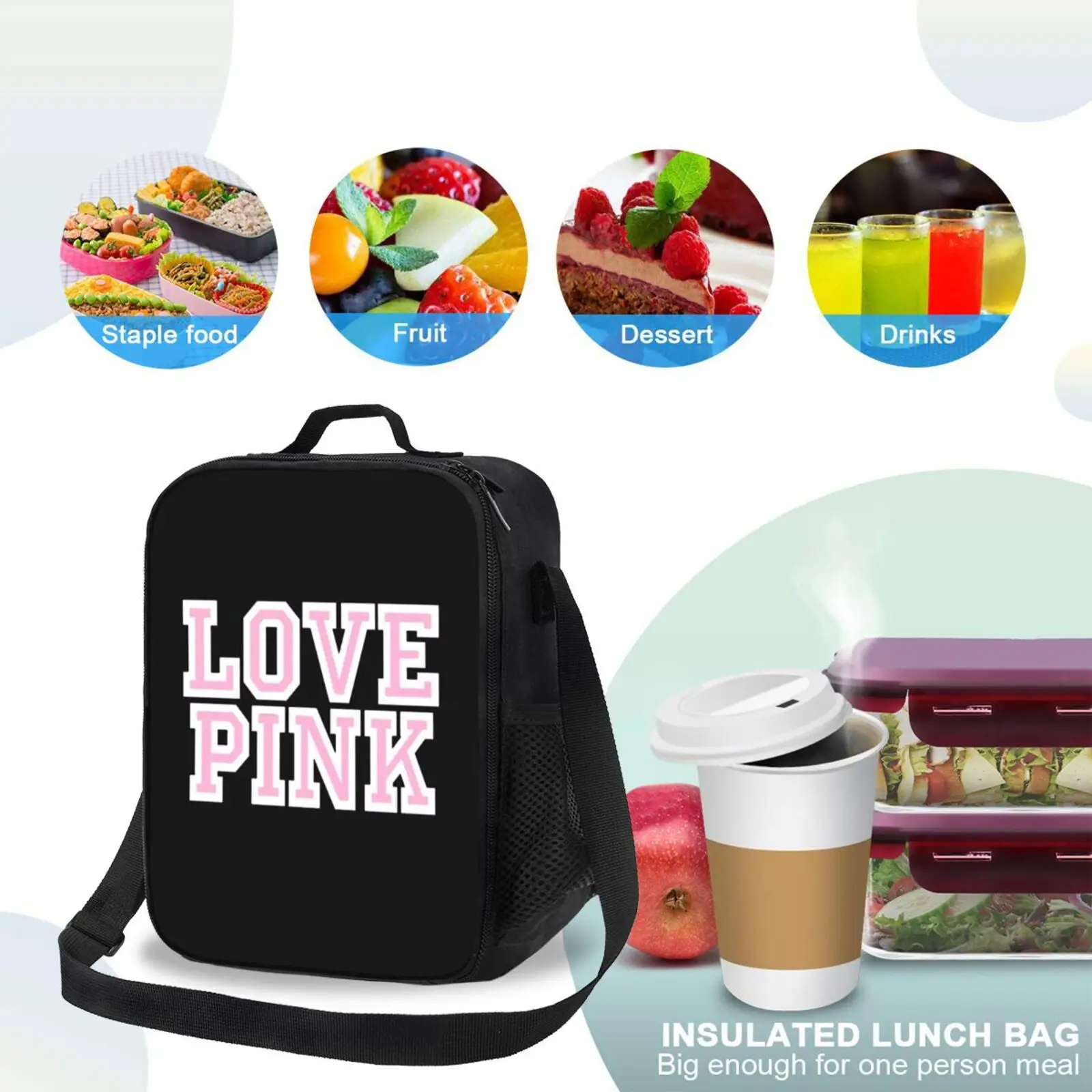 Black Pink Lunch Bags with Strap for Women Portable Thermal Insulated Lunch Box Container Cooler Bag Tote Bento Pouch for Work