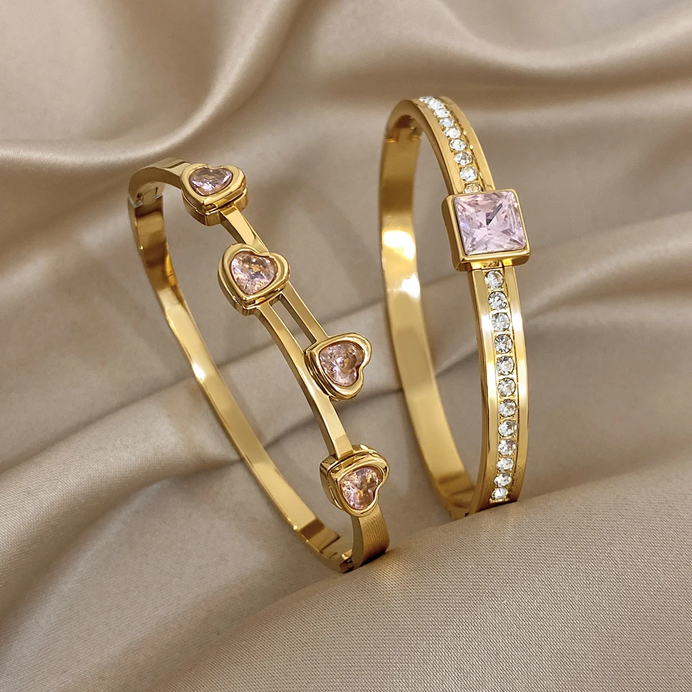 AENSOA Luxuriöses Rosa Quadratisches Zirkonium-Armband, Elegantes Beliebtes Herz-Strass-Intarsien-Armreif für Damen