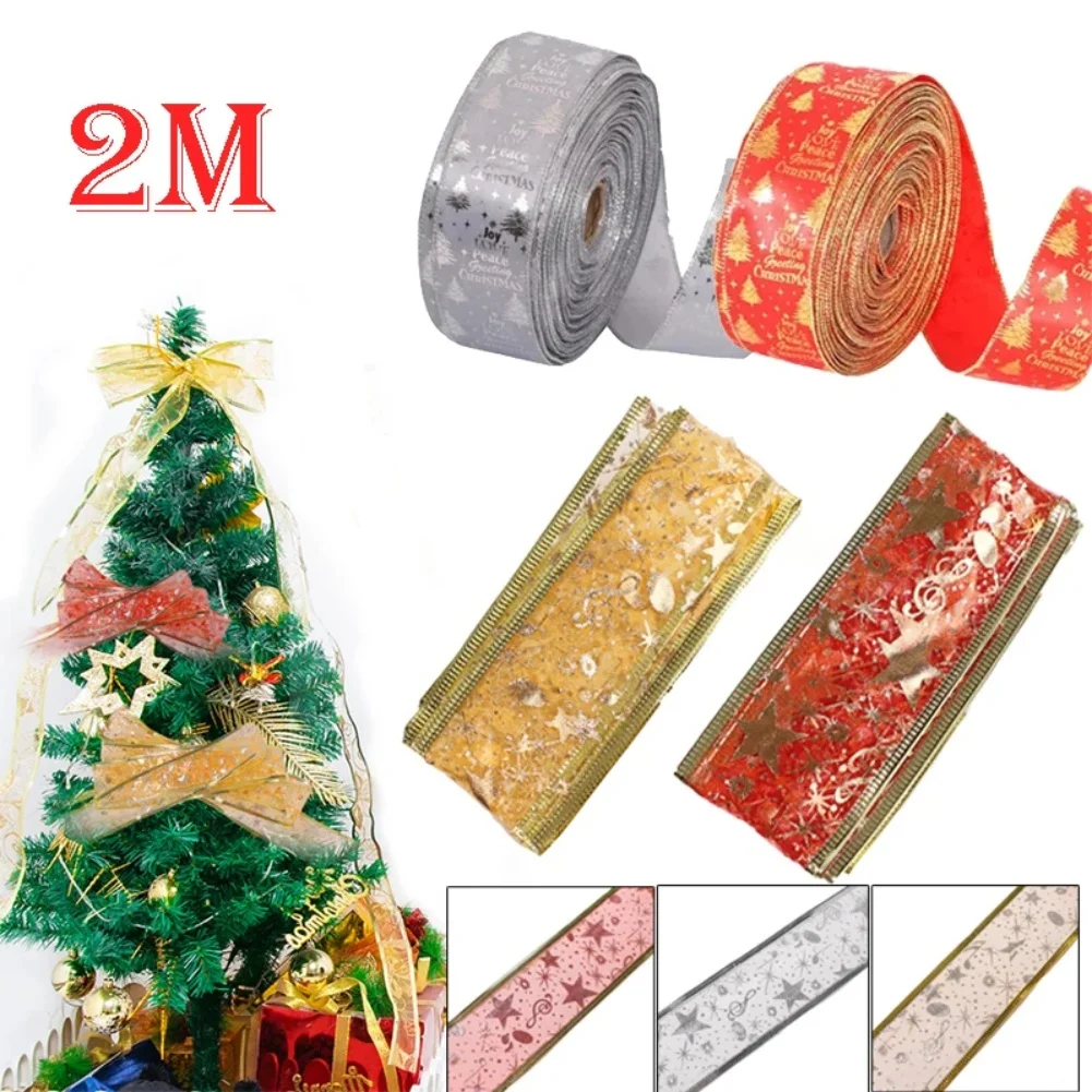 

Christmas Ribbon 2M Roll with Gold Foil Design for Present Wrapping and DIY Bowknot Making in Holiday Decorations