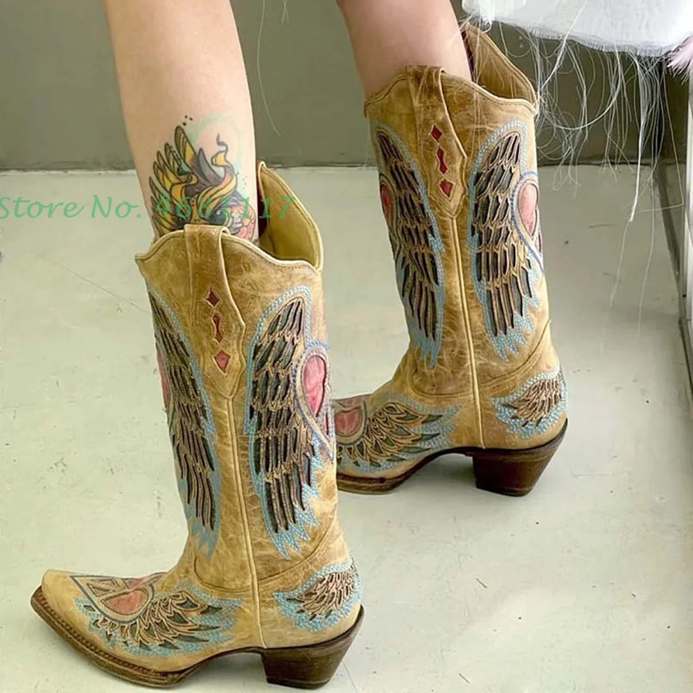 

Western Cowboy Print Knee High Boots Women Pointy Toe Ethnic Embroidery Boots Outfit British Style Novelty Med Chunky Heel Boots