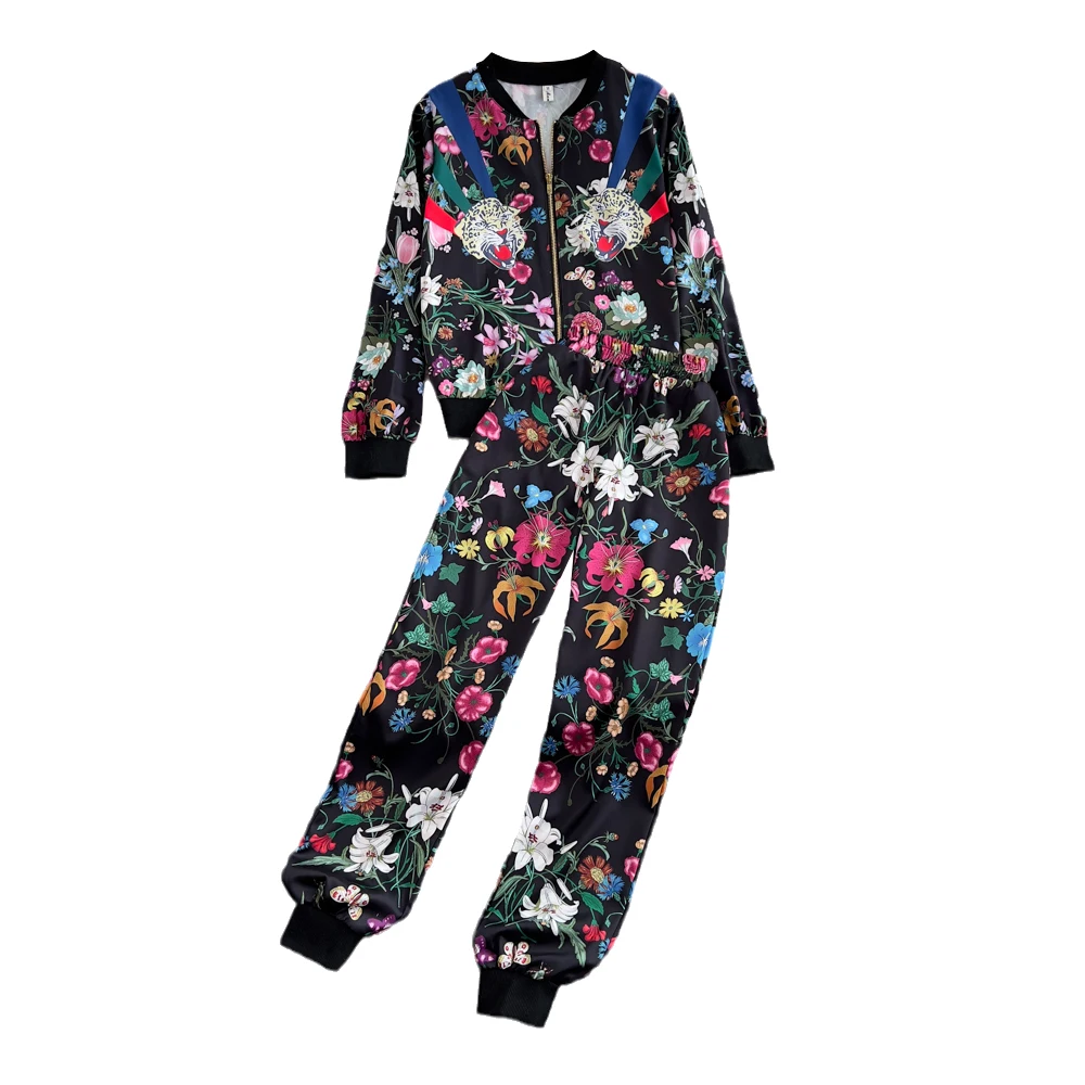 

Faionable Slim Fit Printed Jaet Women's Two-Piece Set Casual High Waist Cuffed Pants Spring Season Polyester Fabric