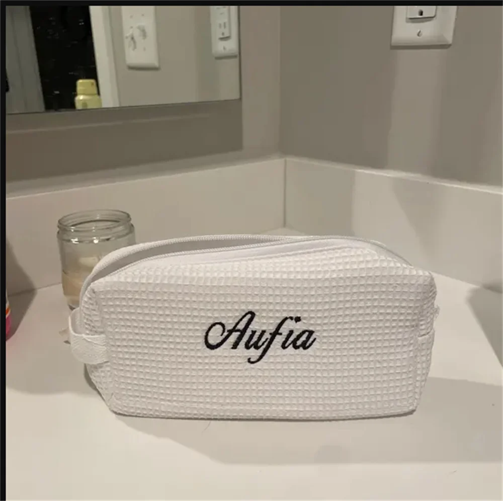 Waffle Cosmetic Bag Custom Embroidered Name Women's Travel Storage Bag Makeup Bag Personalized Ladies Birthday Gift Hand Bag