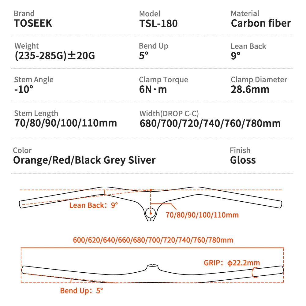 TOSEEK TSL180 Mtb Handlebars And Stem -10Degree Carbon Integrated Handlebar 260g Width780-70/80/90/100/110mm For Mountain Bike