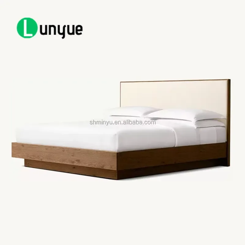 Modern Oak Queen Double Bed Durable Solid Wood Frame Platform Bed French Style Fabric Interior Customizable Colors Bedroom