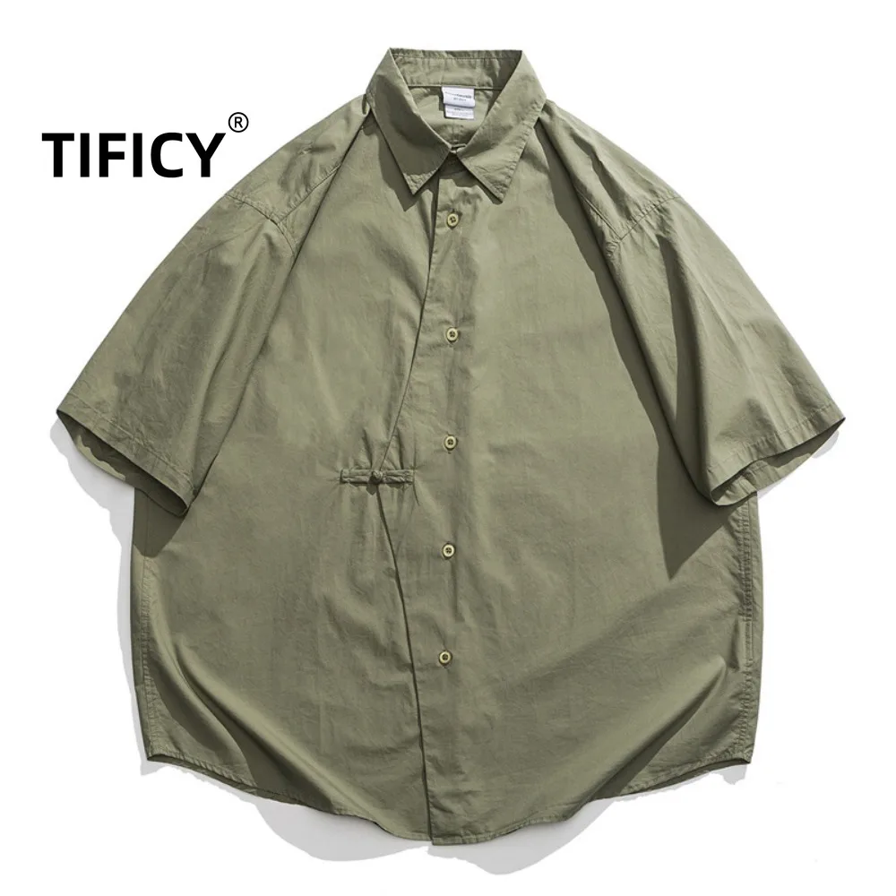 

Japanese Retro Ethnic Style Buckle Short Sleeved Shirt Tops Men's Loose Cotton New Chinese Style Five Quarter Sleeved Shirt
