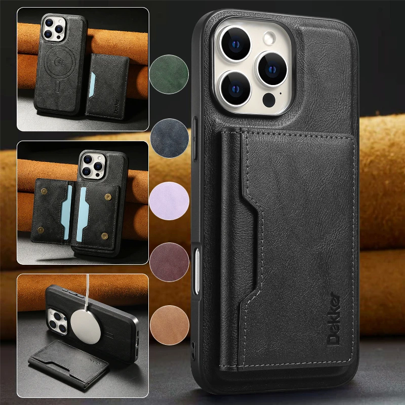 

Magnetic Flip Card Cover With Removable Phone Case For iPhone 16 Pro Max 15 Plus 14 13 12 Pro Leather Phone Cover