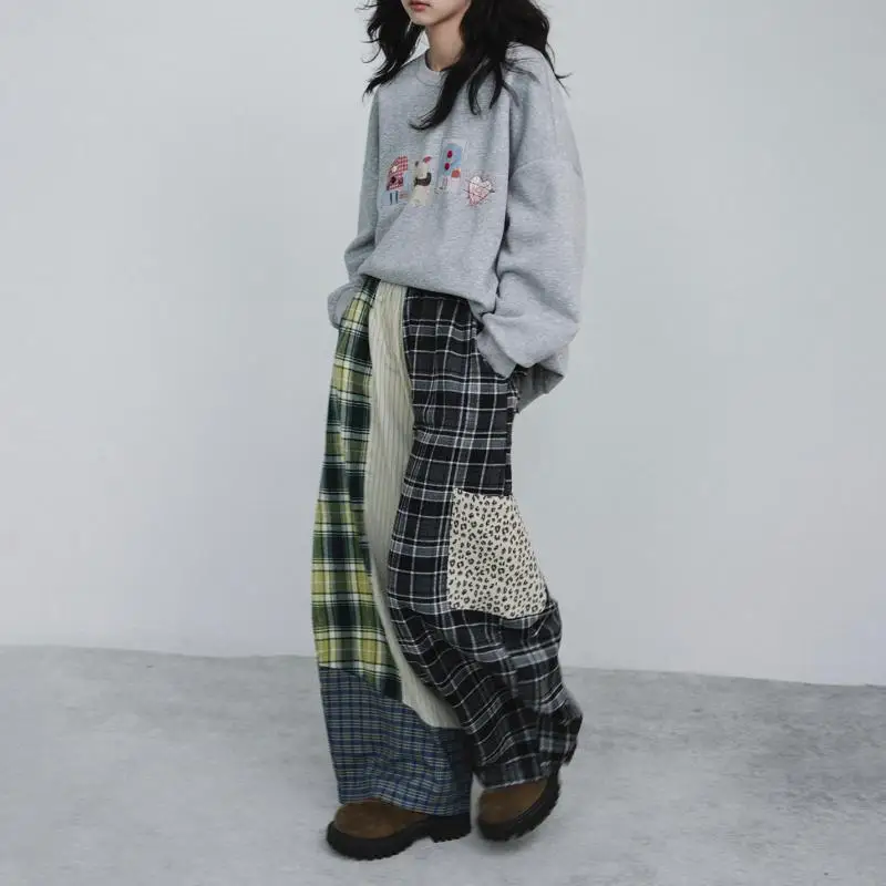 2026 New Arrival Spring Women Vintage Full Length Pants Casual Loose Cotton Elastic Waist Plaid Patchwork Wide Leg Pants T199