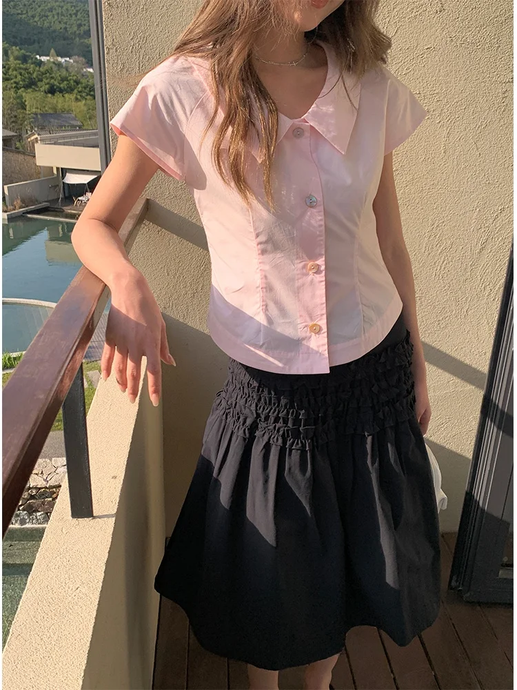 

Pink ort Sve irt Women's Thin Sle College Faion Anti-Aging Summer New Arrival Vintage Spicy Kimchi irt