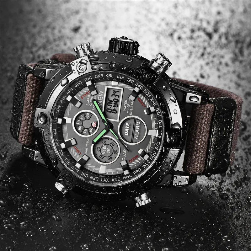 Men Original XINEW Big Brand Chronograph Watches Fashion Nylon Band Alarm Multifunctional Army Sports Dual Time Digital Watch