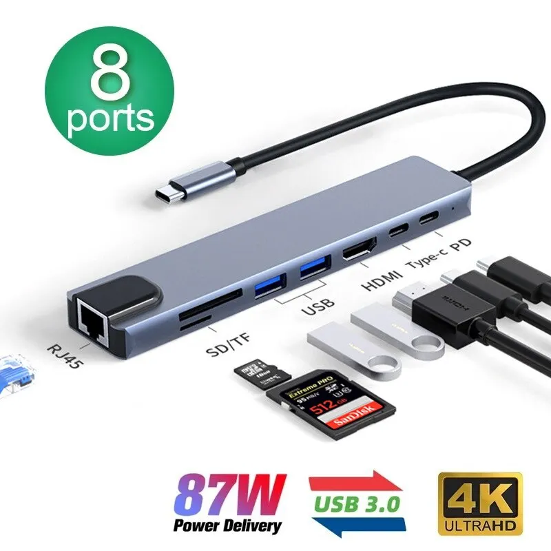 8 في 1 USB نوع C موزع C مقسم 4K ثندربولت 3 محطة لرسو السفن كمبيوتر محمول Air M1 iPad Pro RJ45 HDMI