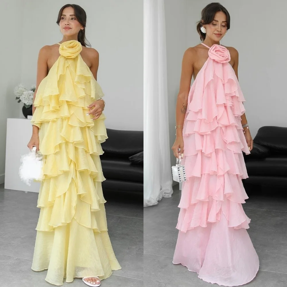 

Customized Matching Chiffon Flower Pleat A-line Halter Long Dresses Bespoke Occasion Sizes Available Simple