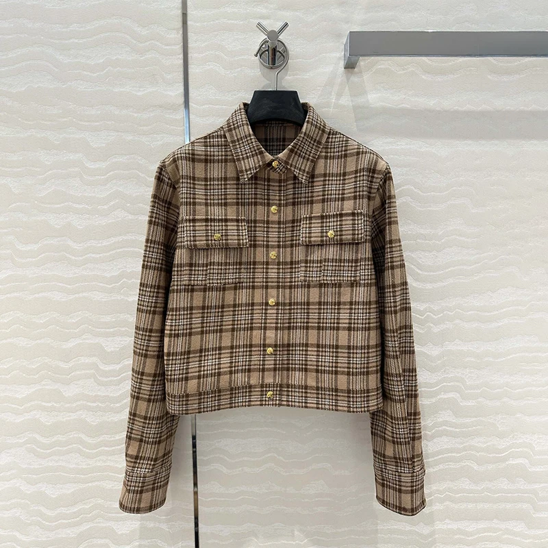 1:1 Luxury Brand CE* 2024SS Vintage Plaid High Street Casual Wool Cardigan Colourblocked Commuter Jackets Women Y2k Women's Tops