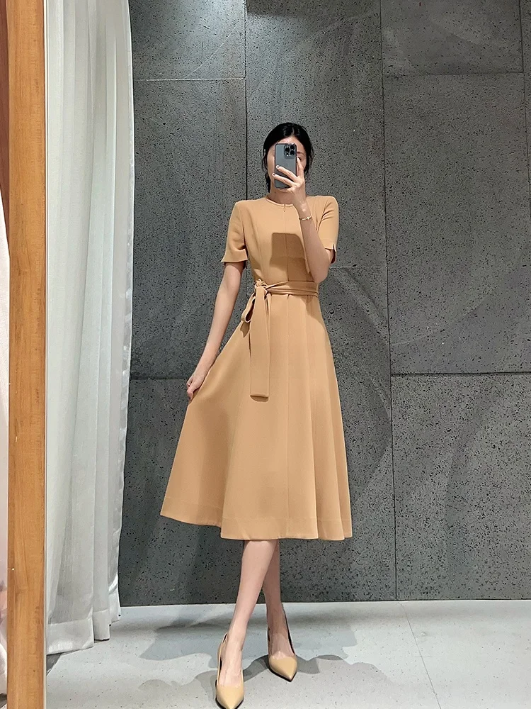 

Ele Summer New Sle Slim Fit round Ne Dr with Waist Belt ort Sve Acetate Big Skirt Women's Ci Commute Dr