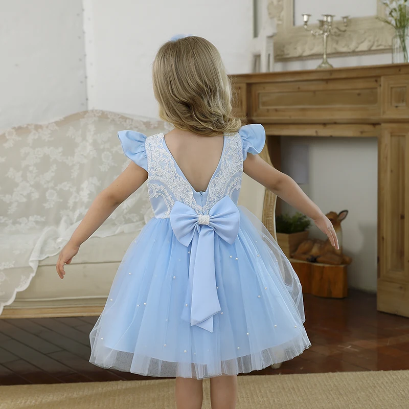 Infant Baby Girl Princess Dress V-Back Bow Tulle Tutu Vestidos Flower Girl Wedding Party Prom Gown Formal Ceremony Lace Dresses