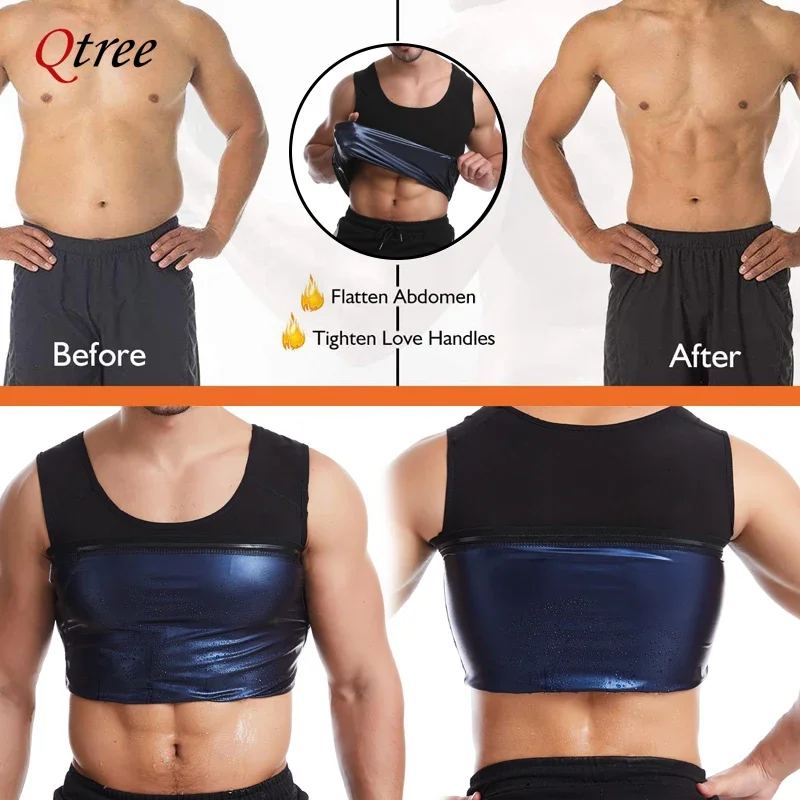 Qtree Men Shapers Polymer Sauna Vest Sweat Slimming Compression Tops with Zipper Waist Trainer Workout Shirt Heat Trapping Suit