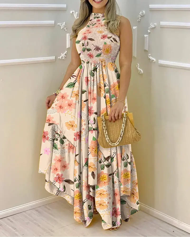 

Floral Print Halter Backless Shirred Maxi Dress