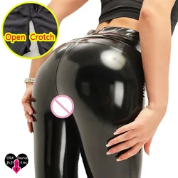 Frau sexy Open Crotch Leggings Flash Leder Outdoor Sex High Höschen Pu Skinny Crotch less Hosen versteckte Reiß verschlüsse Club Dance wear