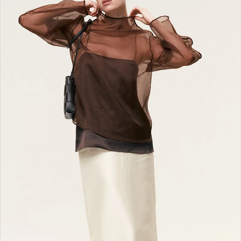Women Spring New Cover-up Top Fashion Temperament See-through Mesh Long Sleeve Tops Sexy Loose O-neck Solid Color Commute Blouse